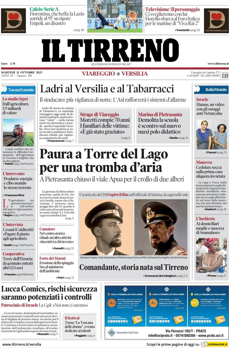 Prima Pagina Il Tirreno (Viareggio, Versilia) 31/10/2023
