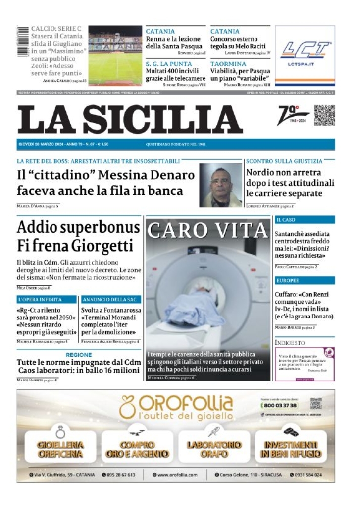 Prima Pagina La Sicilia 28/03/2024