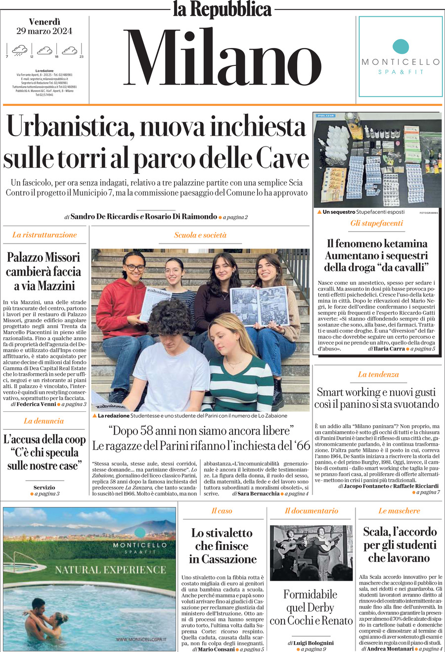 Prima Pagina La Repubblica (Milano) 29/03/2024
