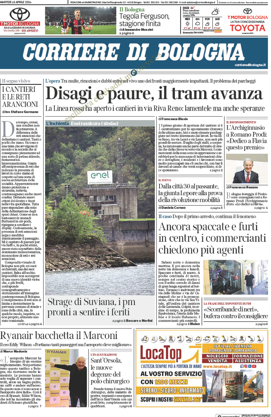 Prima Pagina Corriere di Bologna 16/04/2024