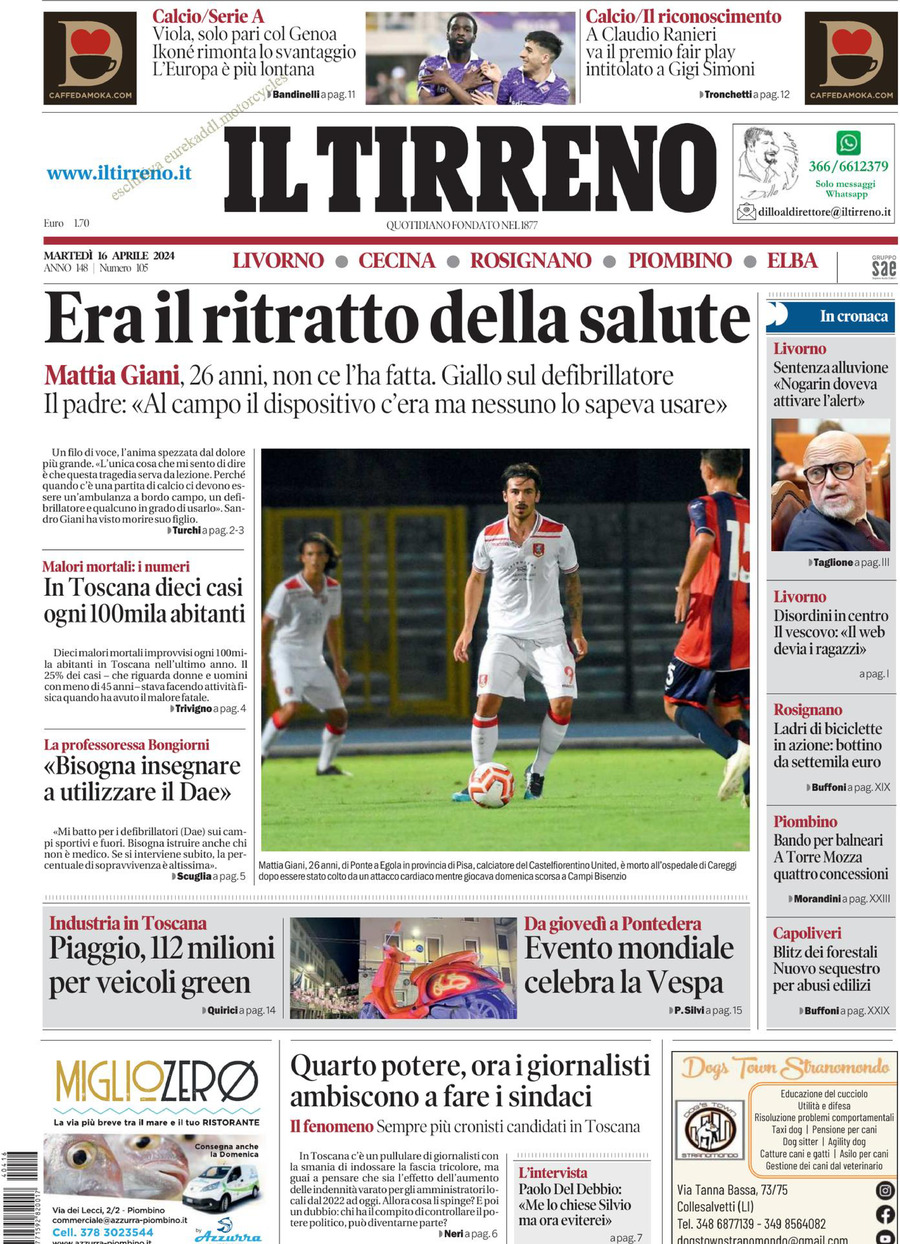 Prima Pagina Il Tirreno (Livorno, Cecina) 16/04/2024