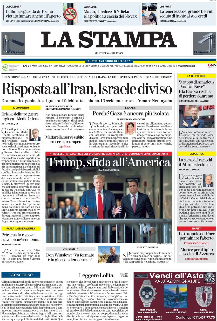 Prima Pagina La Stampa 16/04/2024