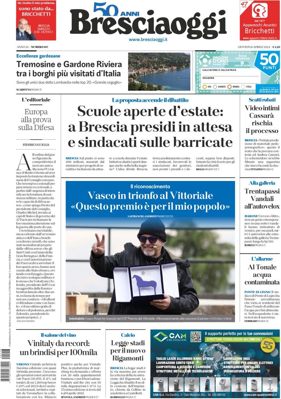Prima Pagina Brescia Oggi 18/04/2024
