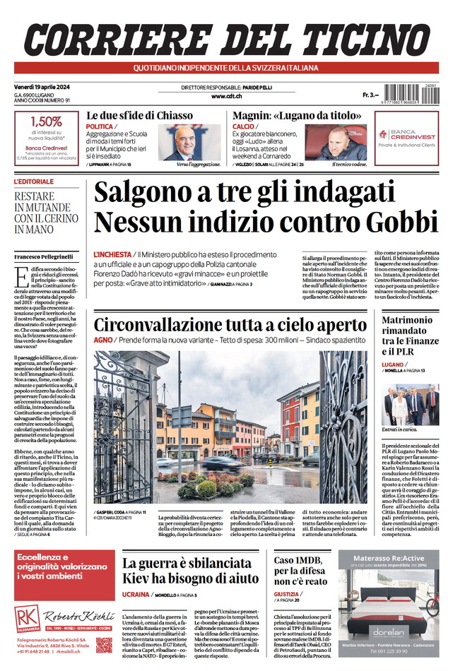 Prima Pagina Corriere del Ticino 19/04/2024