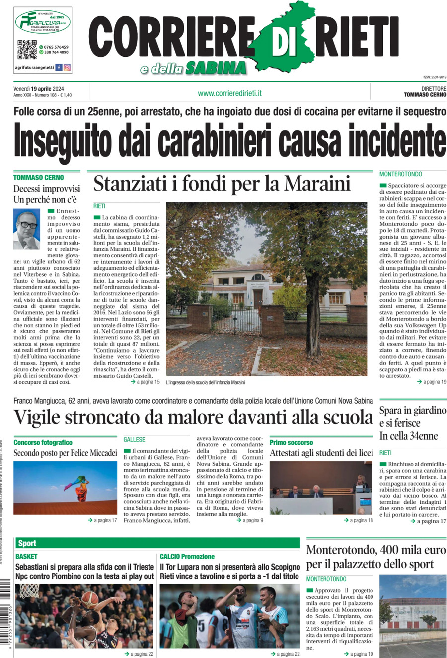 Prima Pagina Corriere di Rieti e della Sabina 19/04/2024