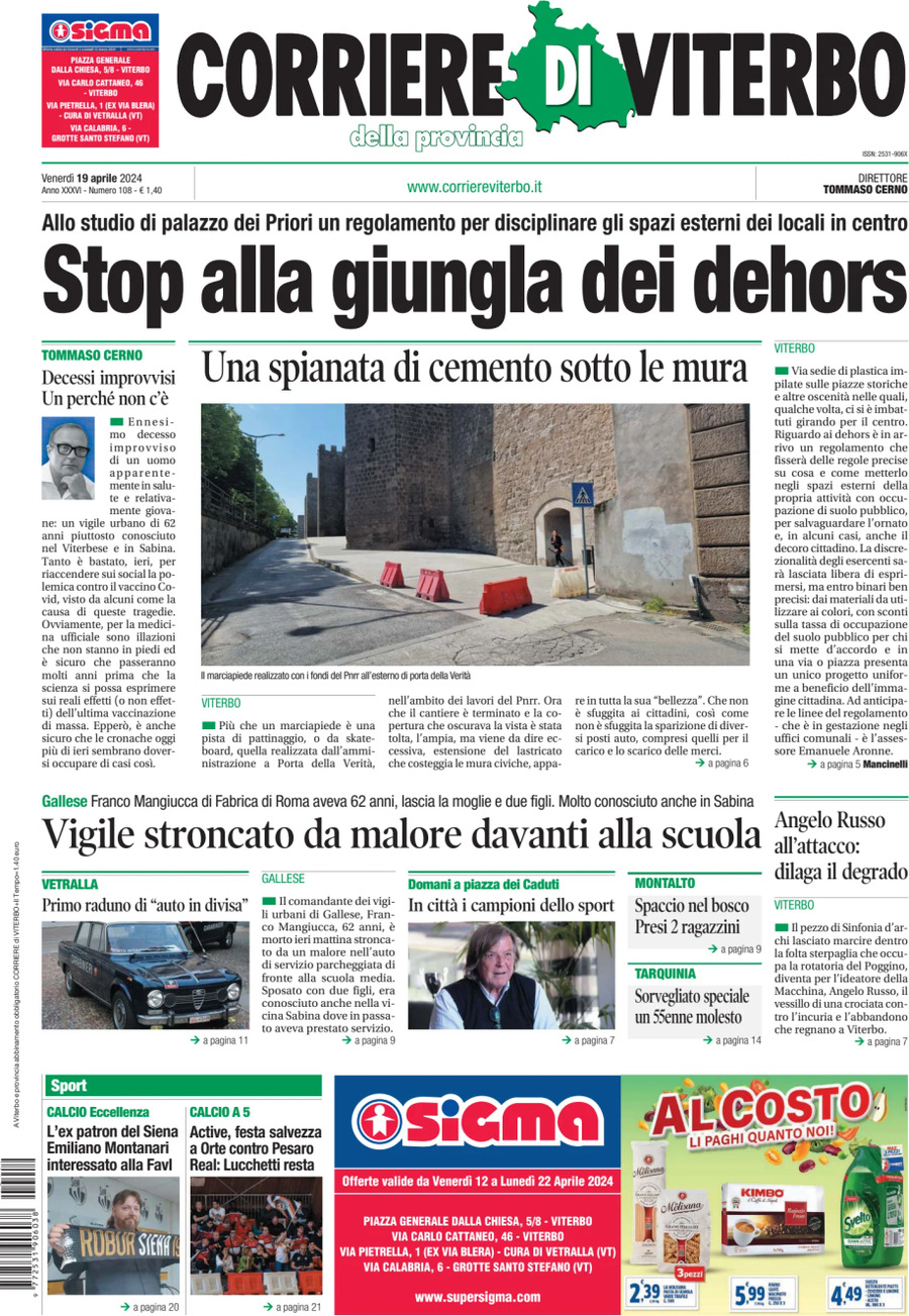 Prima Pagina Corriere di Viterbo 19/04/2024