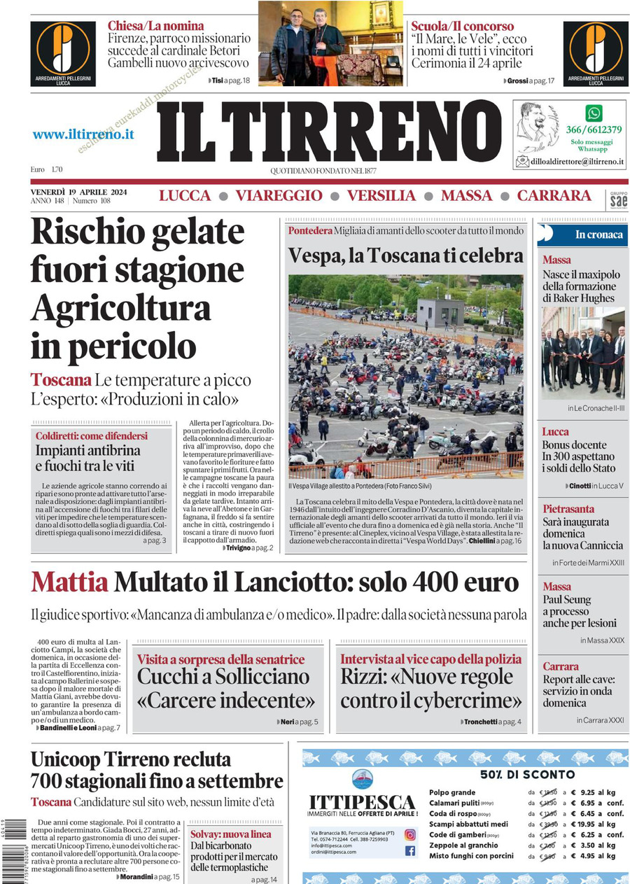 Prima Pagina Il Tirreno (Lucca, Viareggio) 19/04/2024