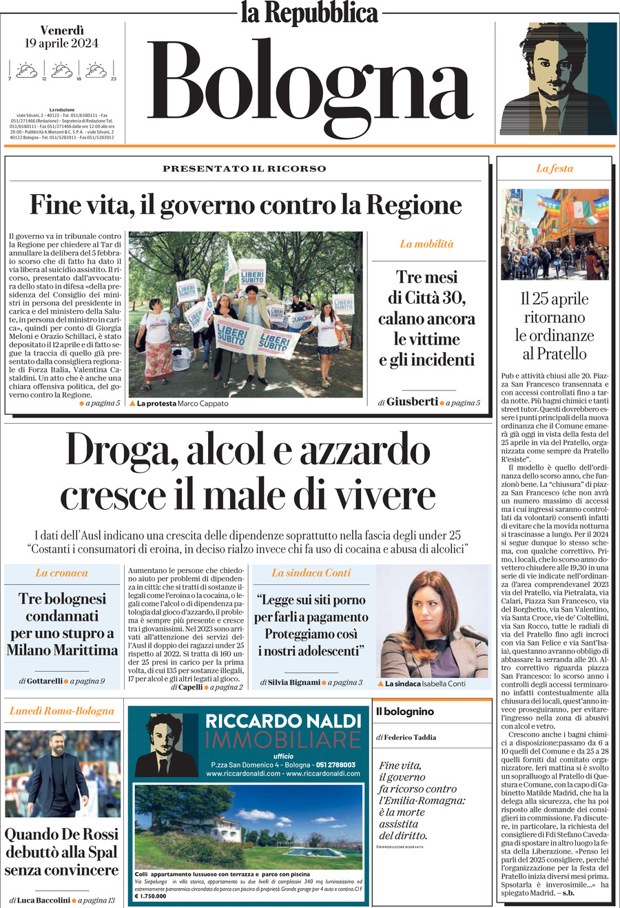 Prima Pagina La Repubblica (Bologna) 19/04/2024