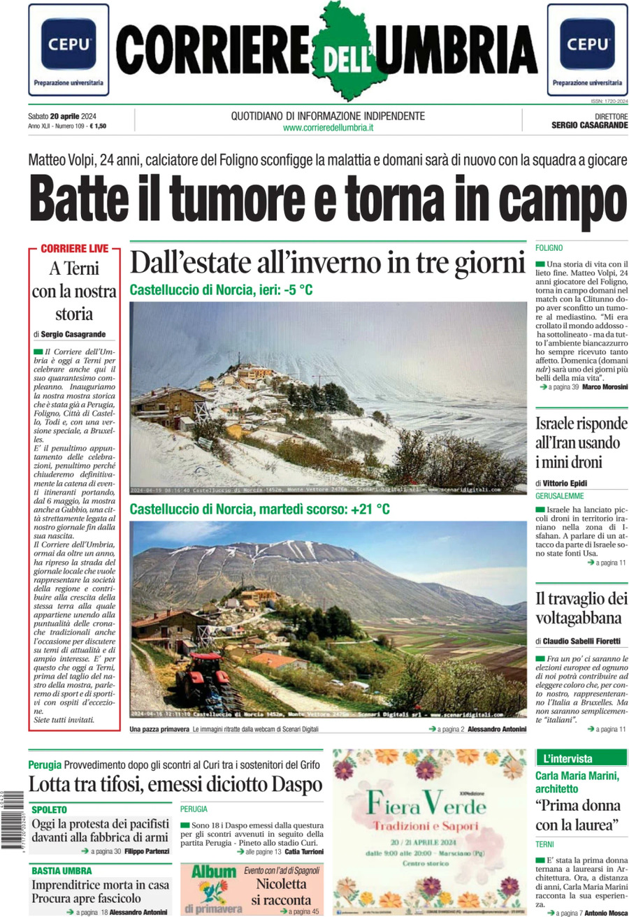 Prima Pagina Corriere dell'Umbria 20/04/2024