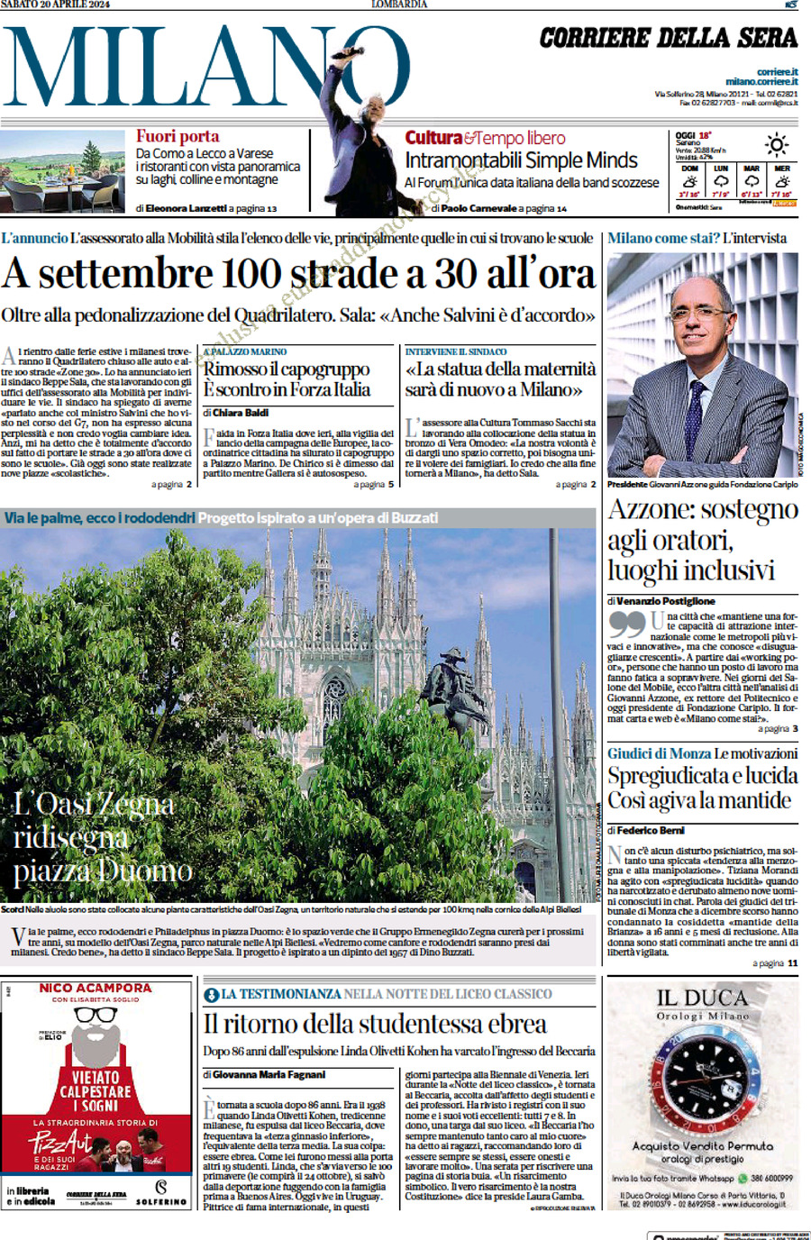 Prima Pagina Corriere della Sera (Milano) 20/04/2024