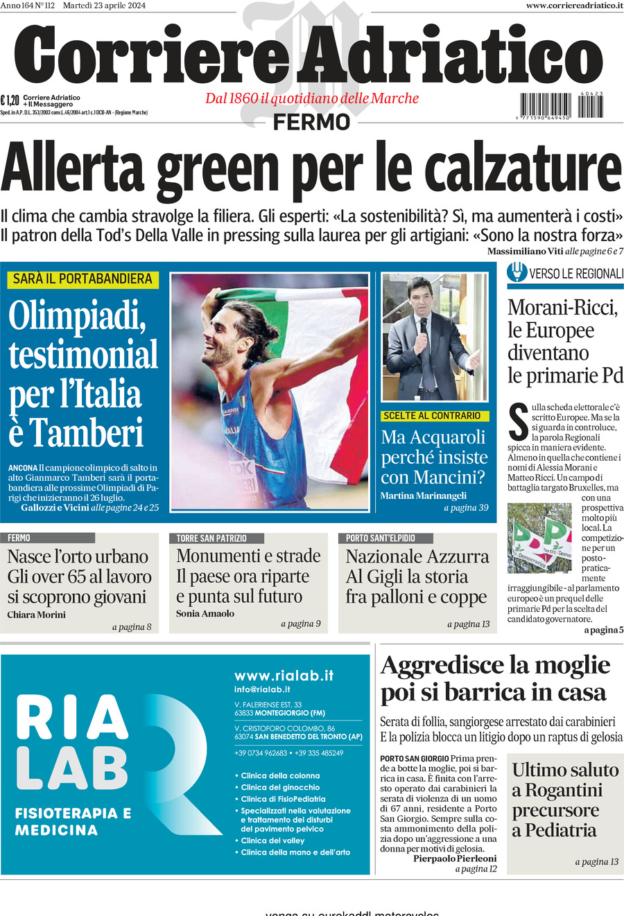 Prima Pagina Corriere Adriatico (Fermo) 23/04/2024