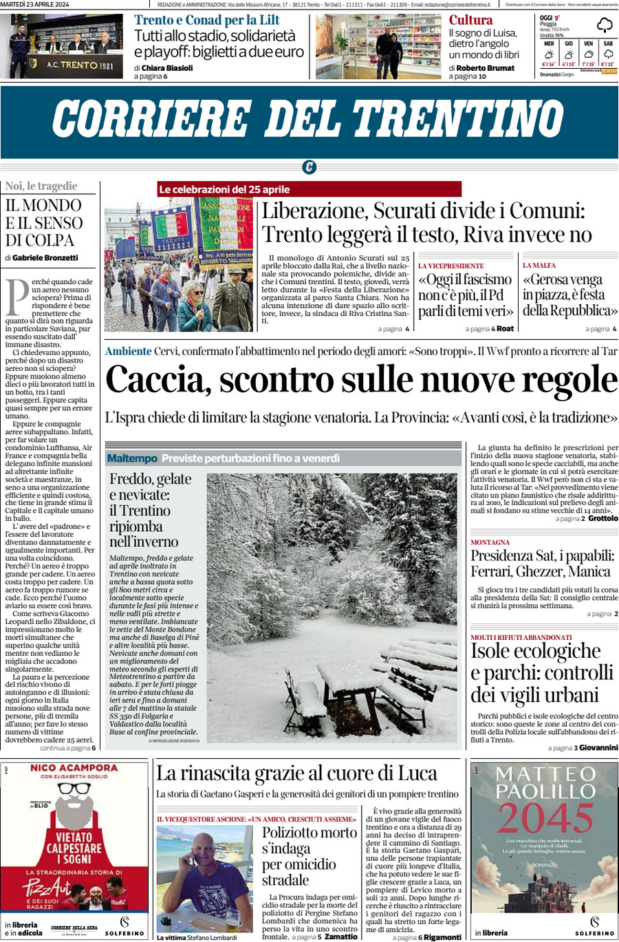 Prima Pagina Corriere del Trentino 23/04/2024