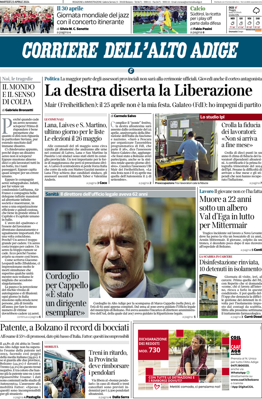 Prima Pagina Corriere dell'Alto Adige 23/04/2024