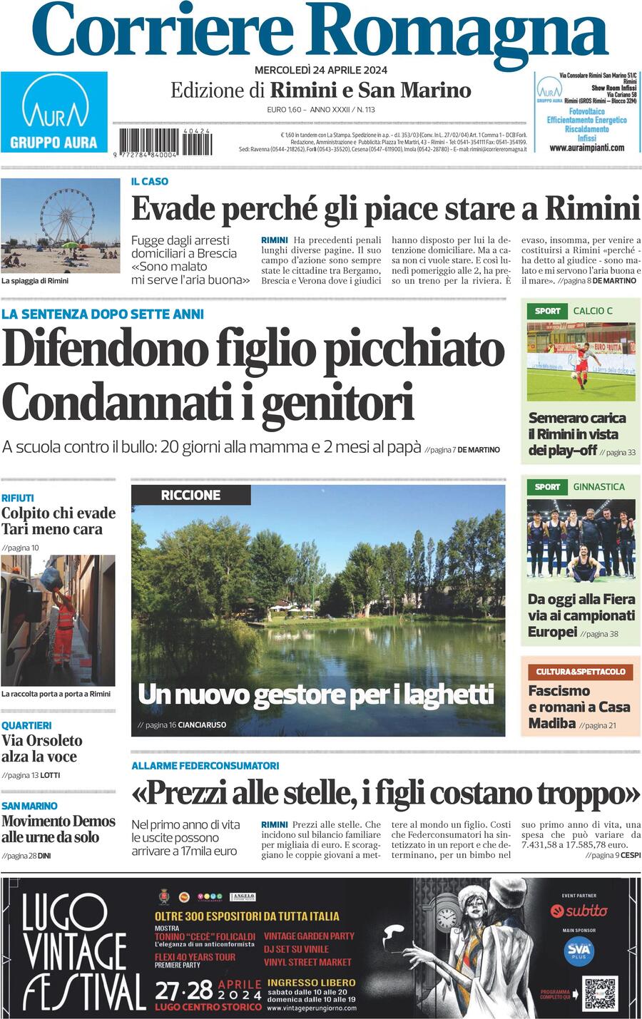 Prima Pagina Corriere Romagna (Rimini e San Marino) 24/04/2024