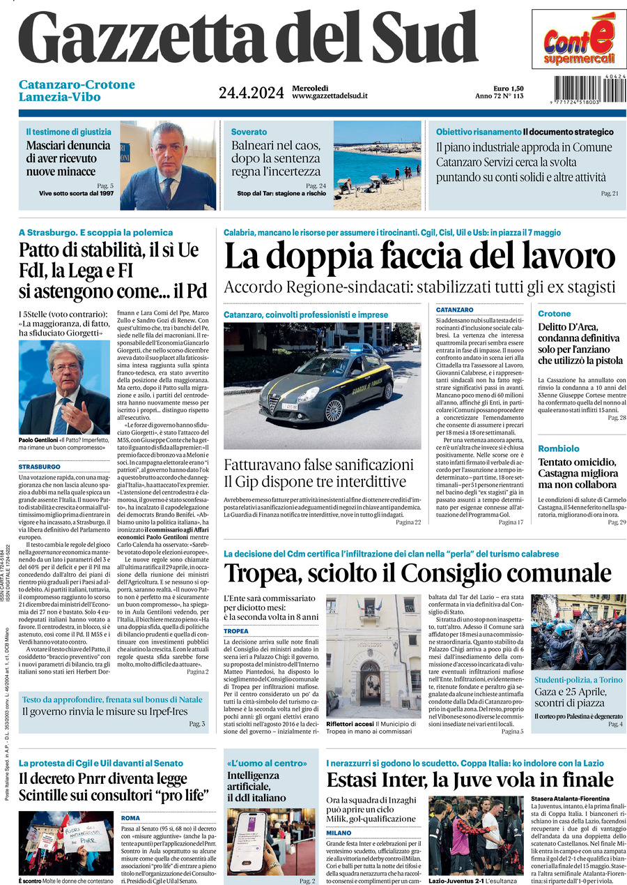 Prima Pagina Gazzetta del Sud (Catanzaro) 24/04/2024