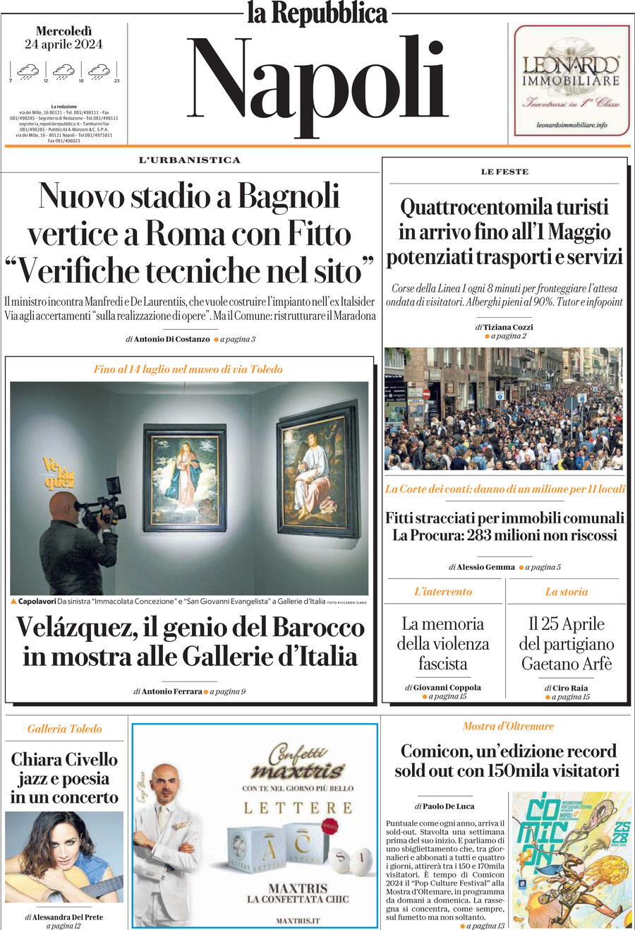 Prima Pagina La Repubblica (Napoli) 24/04/2024