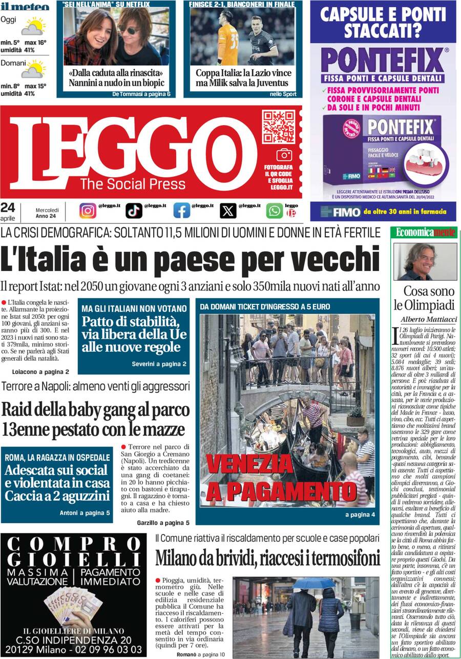 Prima Pagina Leggo (Milano) 24/04/2024