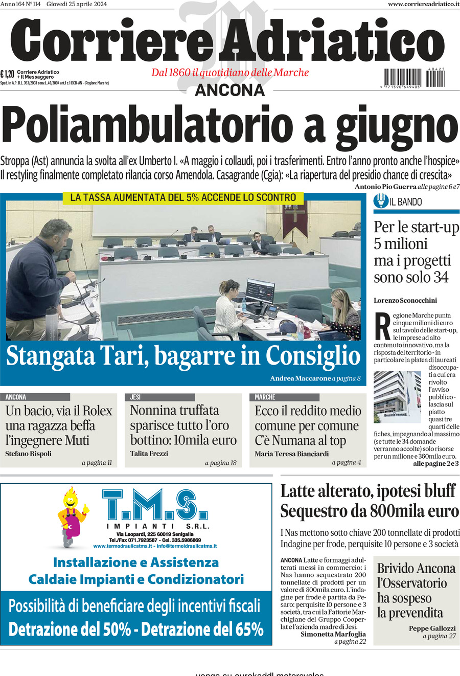 Prima Pagina Corriere Adriatico (Ancona) 25/04/2024