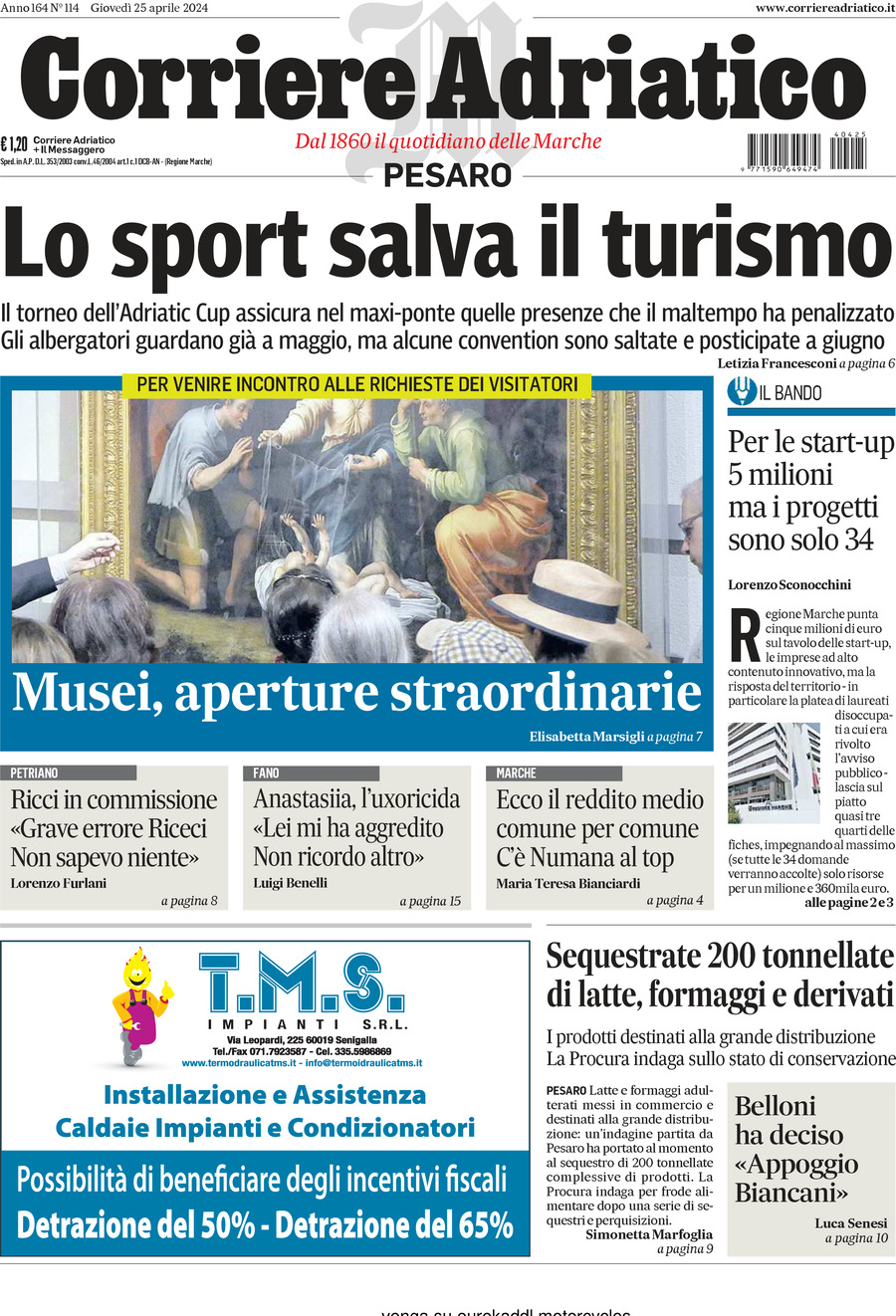 Prima Pagina Corriere Adriatico (Pesaro) 25/04/2024