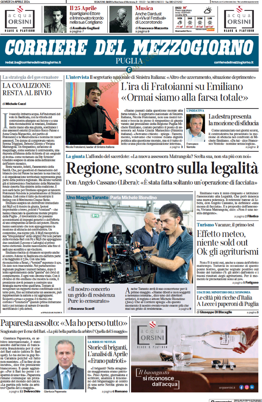 Prima Pagina Corriere del Mezzogiorno (Puglia) 25/04/2024