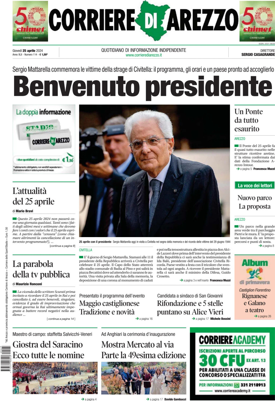 Prima Pagina Corriere di Arezzo 25/04/2024