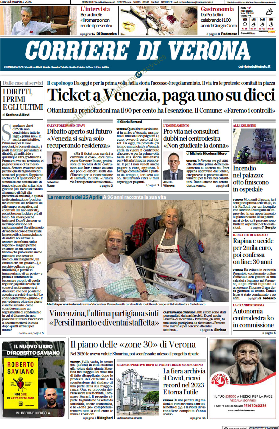 Prima Pagina Corriere di Verona 25/04/2024