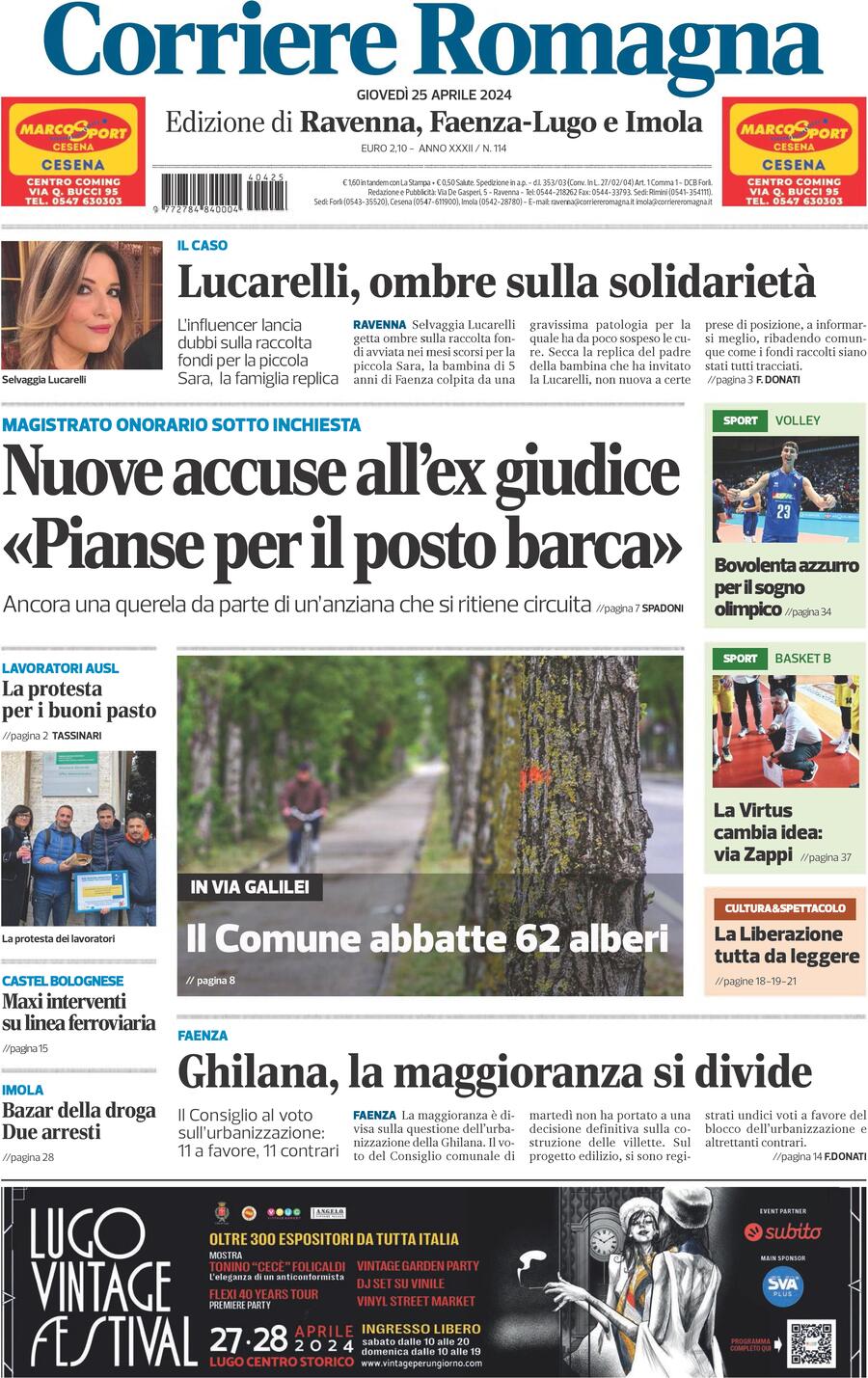 Prima Pagina Corriere Romagna (Ravenna e Imola) 25/04/2024