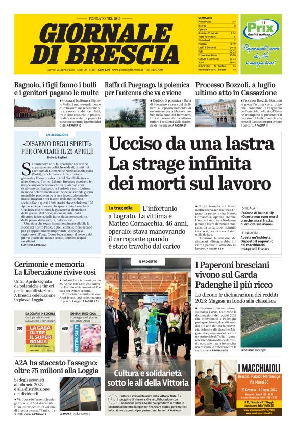 Prima Pagina Giornale di Brescia 25/04/2024