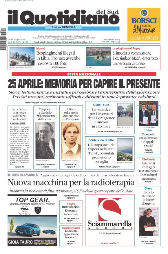 Prima Pagina Il Quotidiano del Sud (Cosenza) 25/04/2024