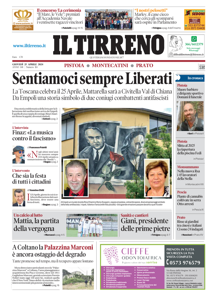 Prima Pagina Il Tirreno (Pistoia, Montecatini, Prato) 25/04/2024