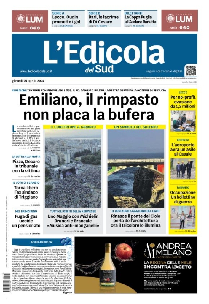 Prima Pagina L'Edicola del Sud (Lecce) 25/04/2024
