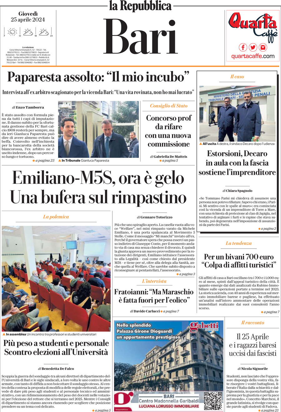 Prima Pagina La Repubblica (Bari) 25/04/2024