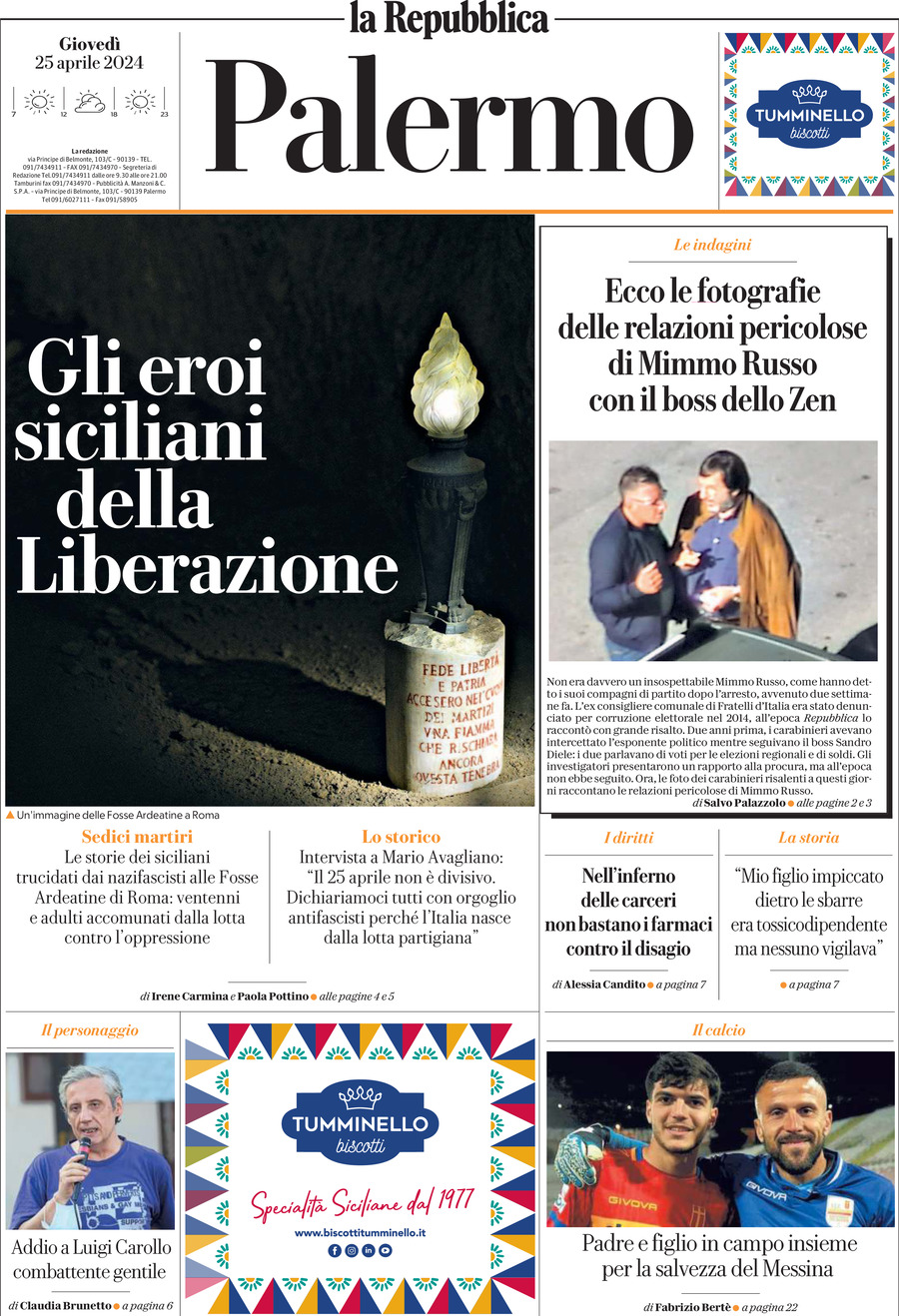 Prima Pagina La Repubblica (Palermo) 25/04/2024