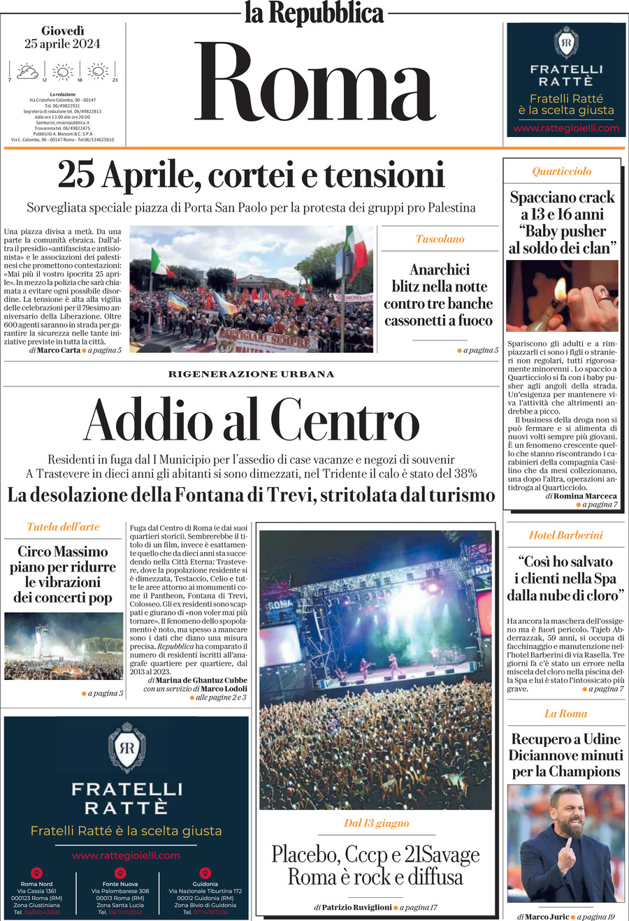 Prima Pagina La Repubblica (Roma) 25/04/2024