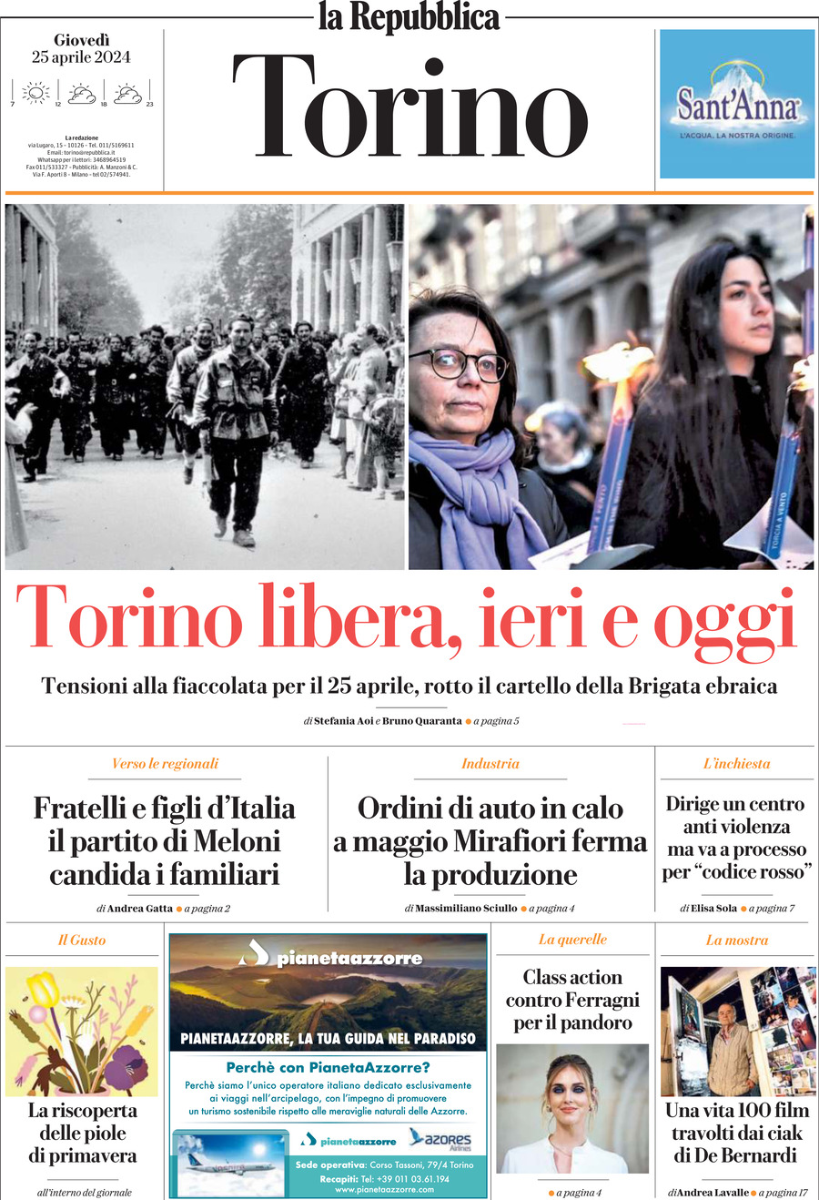 Prima Pagina La Repubblica (Torino) 25/04/2024