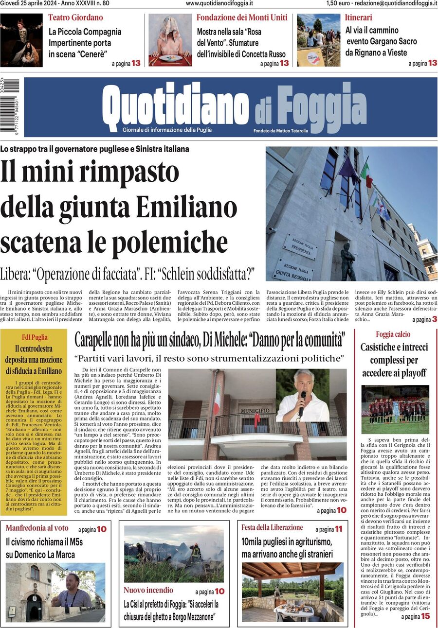 Prima Pagina Quotidiano di Foggia 25/04/2024
