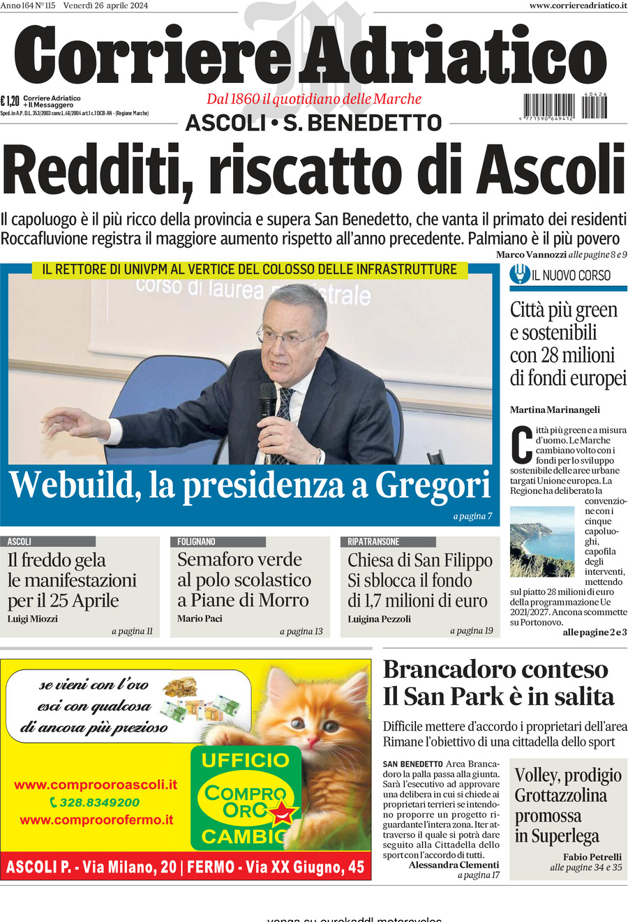 Prima Pagina Corriere Adriatico (Ascoli) 26/04/2024
