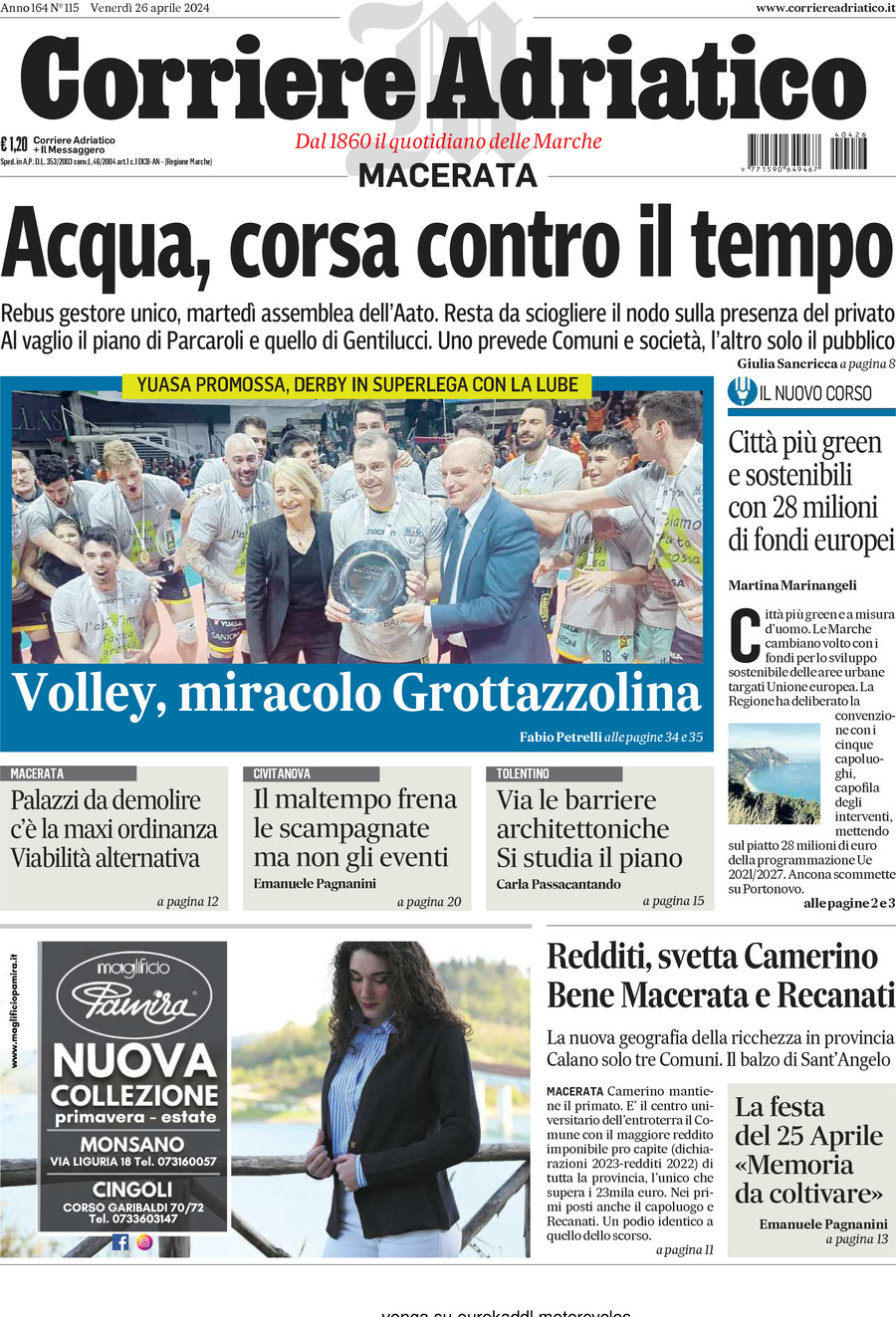Prima Pagina Corriere Adriatico (Macerata) 26/04/2024