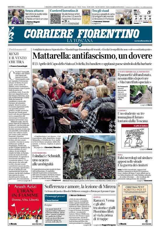 Prima Pagina Corriere Fiorentino 26/04/2024