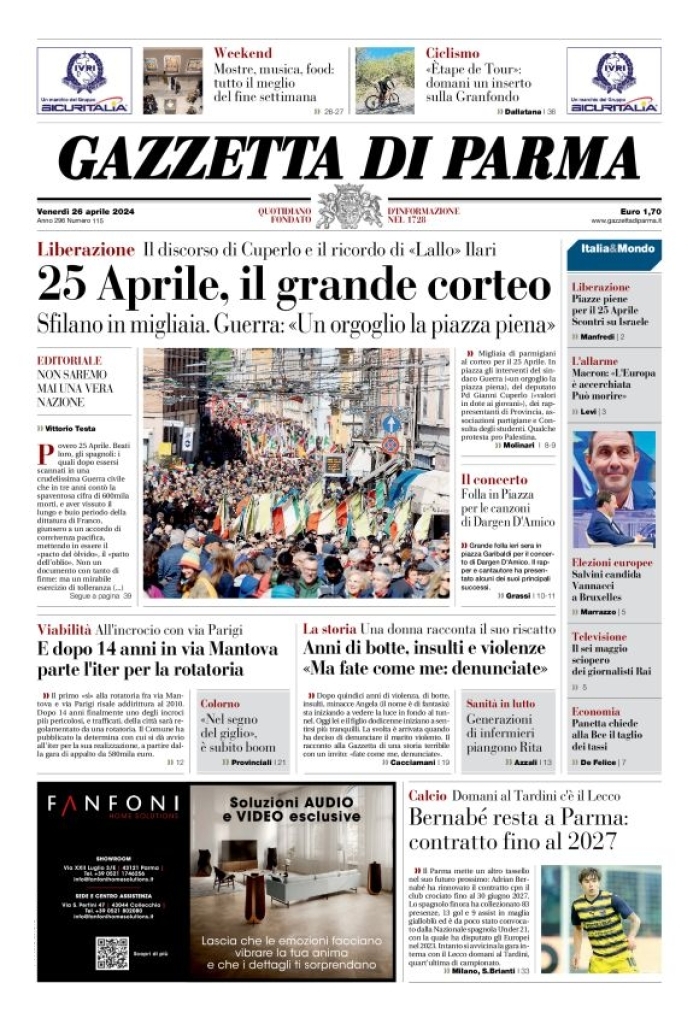 Prima Pagina Gazzetta di Parma 26/04/2024