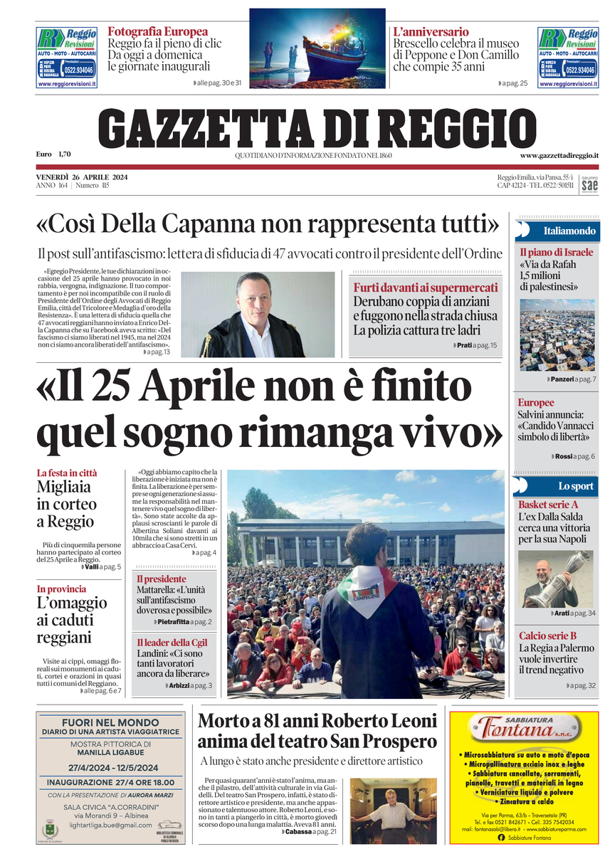 Prima Pagina Gazzetta di Reggio 26/04/2024