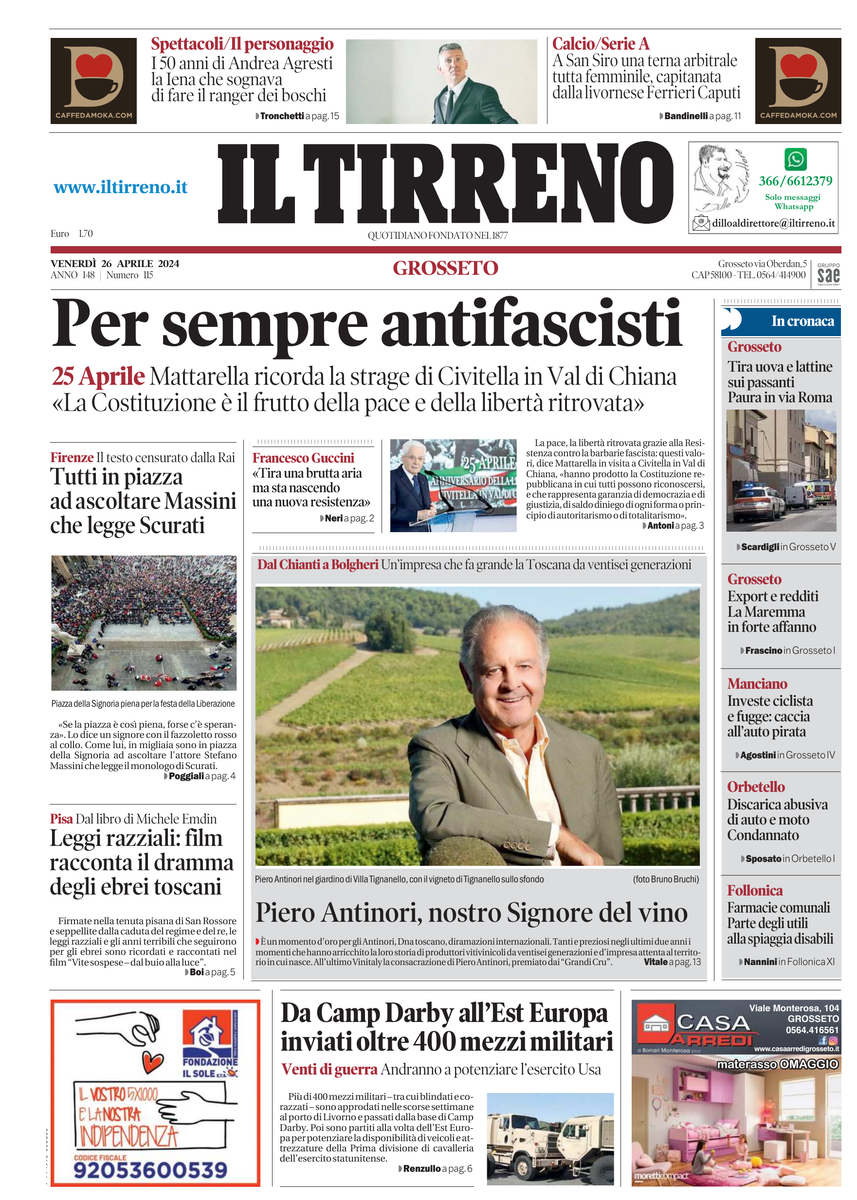 Prima Pagina Il Tirreno (Grosseto) 26/04/2024