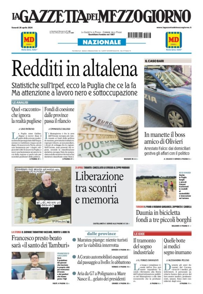 Prima Pagina La Gazzetta del Mezzogiorno (Bari) 26/04/2024