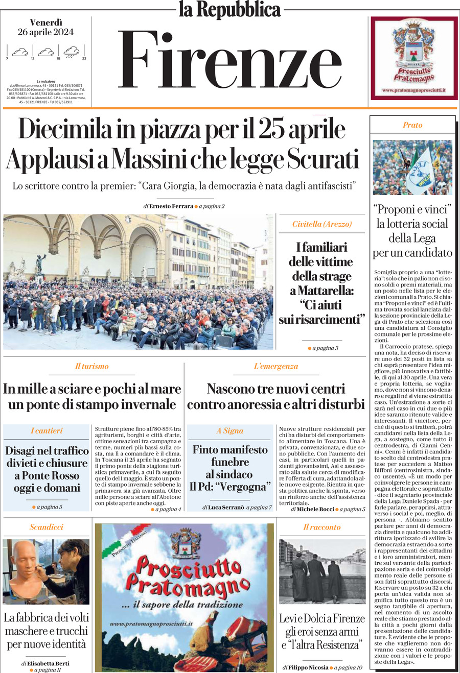 Prima Pagina La Repubblica (Firenze) 26/04/2024