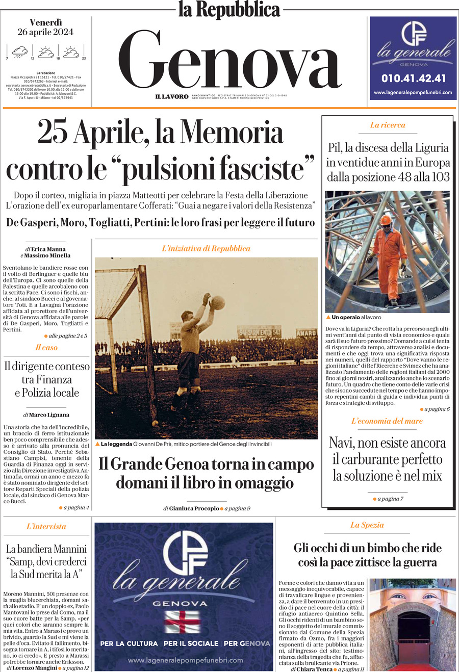 Prima Pagina La Repubblica (Genova) 26/04/2024