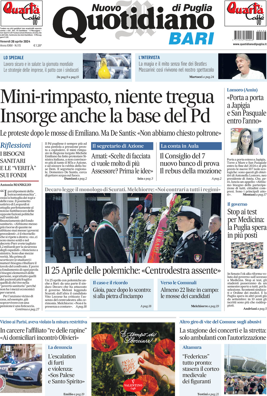 Prima Pagina Nuovo Quotidiano di Puglia (Bari) 26/04/2024