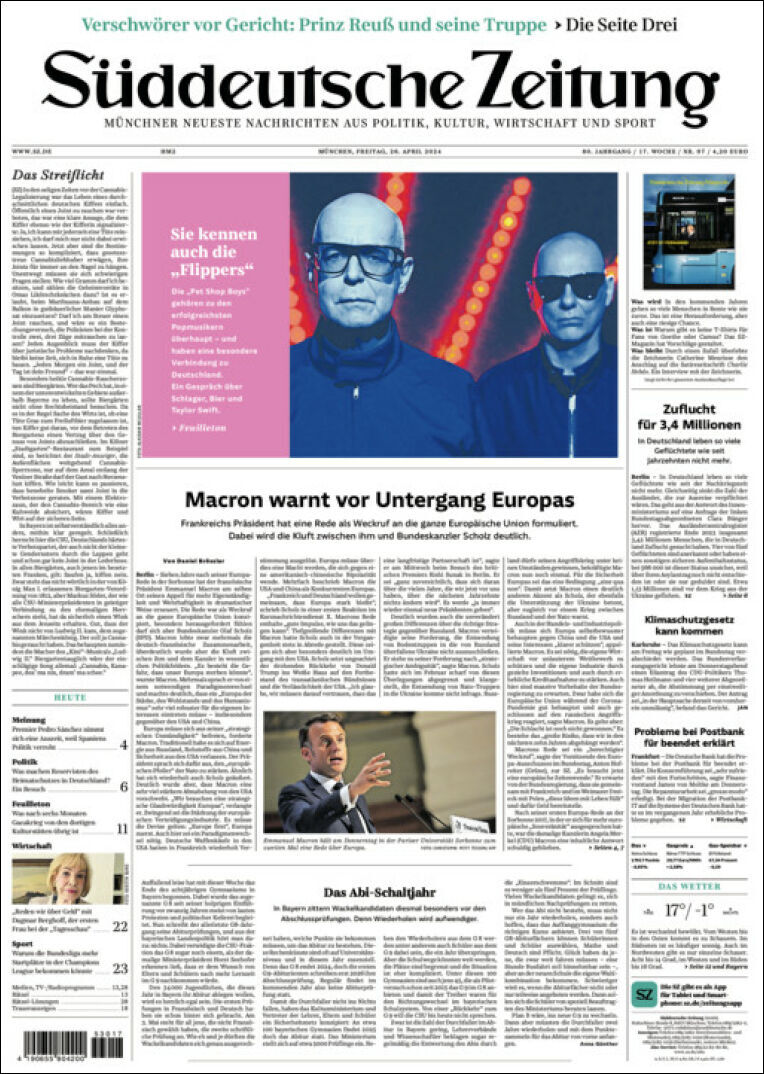 Prima Pagina Süddeutsche Zeitung 26/04/2024
