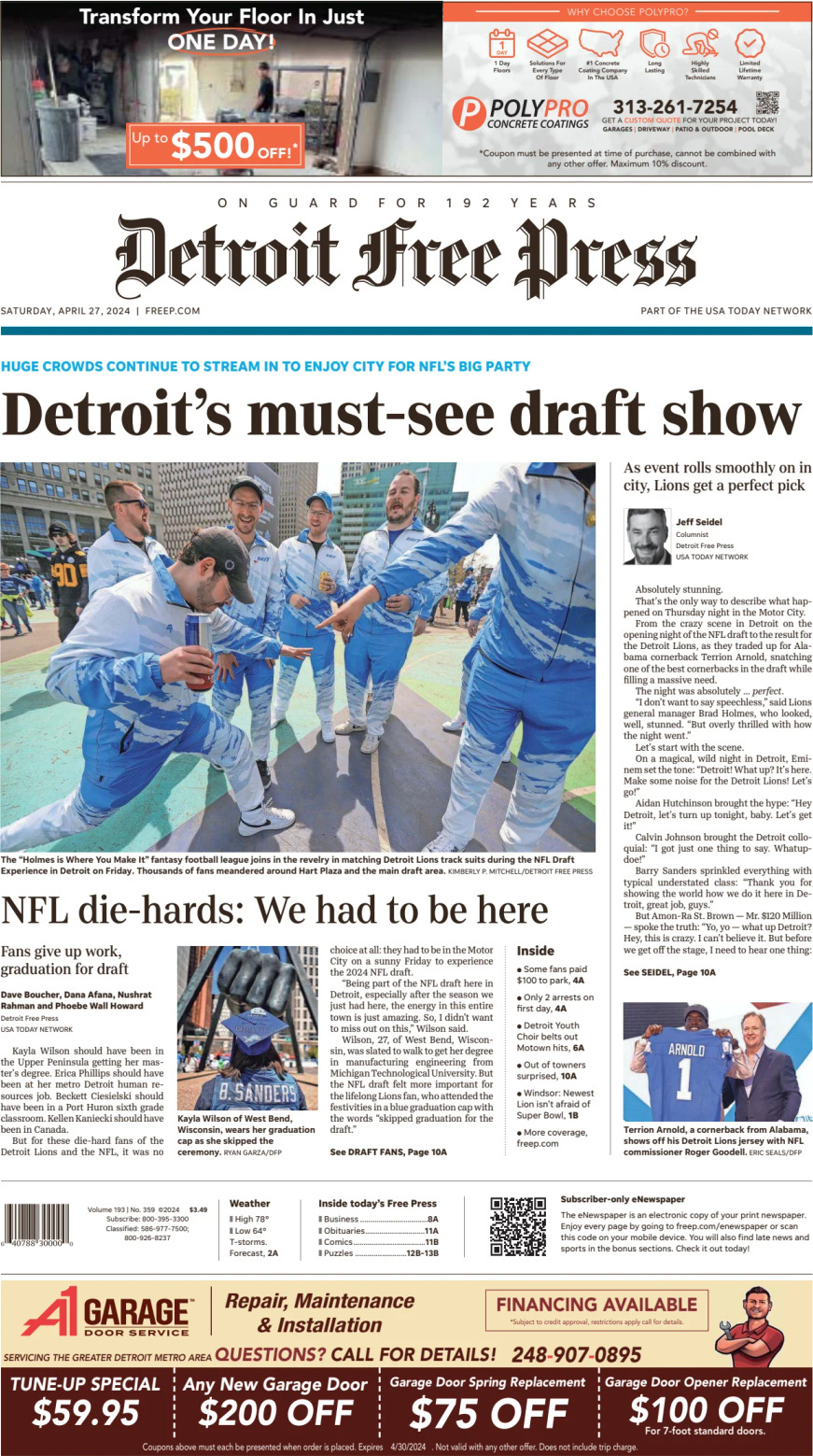 Prima Pagina Detroit Free Press 27/04/2024
