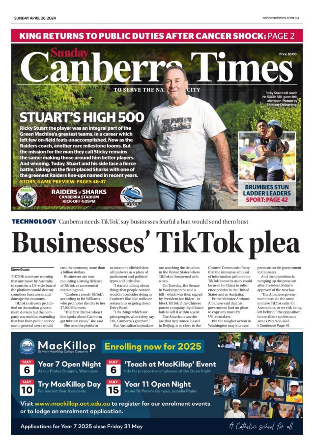 Prima Pagina The Canberra Times 28/04/2024
