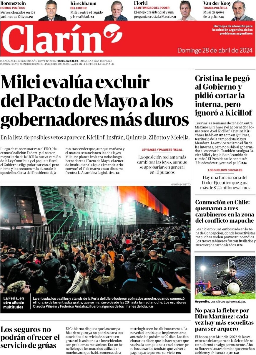 Prima Pagina Clarín 28/04/2024